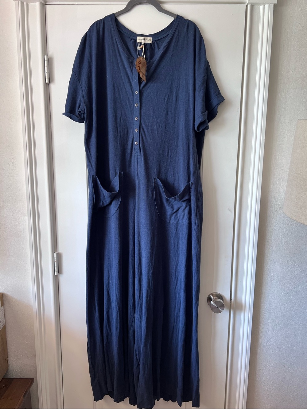 NWT Natural Life L/XL Blue Jumpsuit Wide Leg Linen Blend Buttons